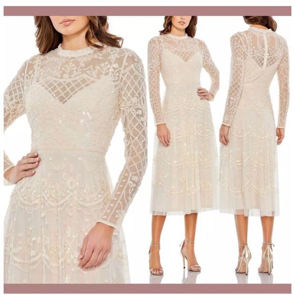 MAC DUGGAL Nude Sequined Illusion High Neck Long Sleeve Midi Dress size 10 NWOT - Picture 4 of 9